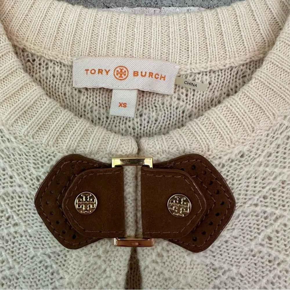 Tory Burch Wool Alpaca Tunic Knit Mim Sweater Women’s XS Cream Leather Accent - Image 4