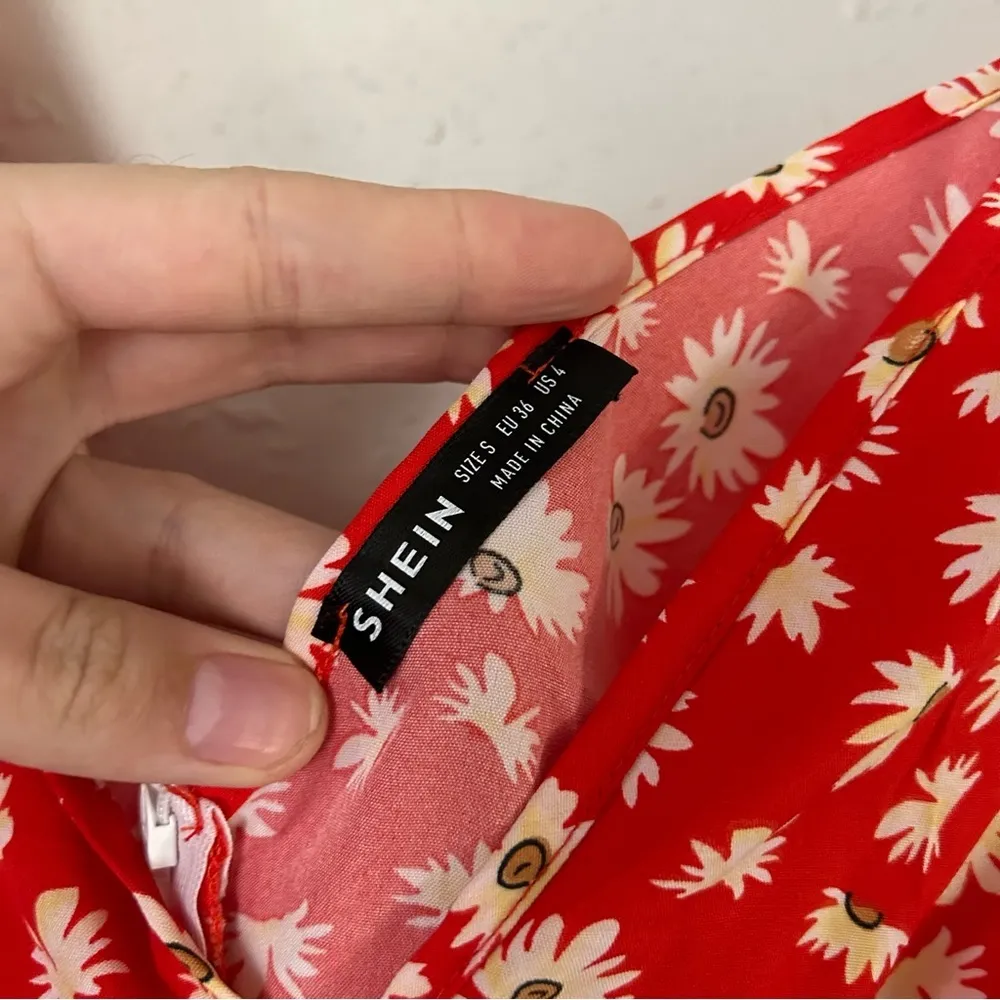 🦋 Shein Red Yellow Adjustable Tie Straps V-Neck Sunflower Floral Mini Dress - Image 2