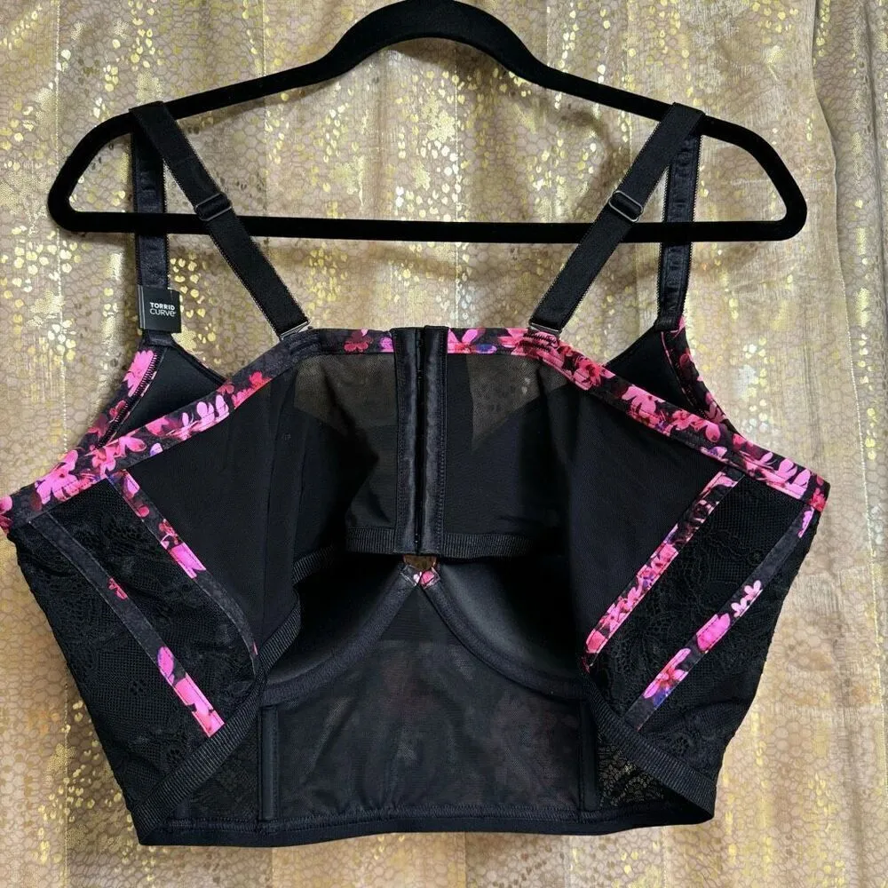 Torrid Black Pink Floral Lace XO Plunge Push-Up Longline Bra 42DD NWT - Image 2