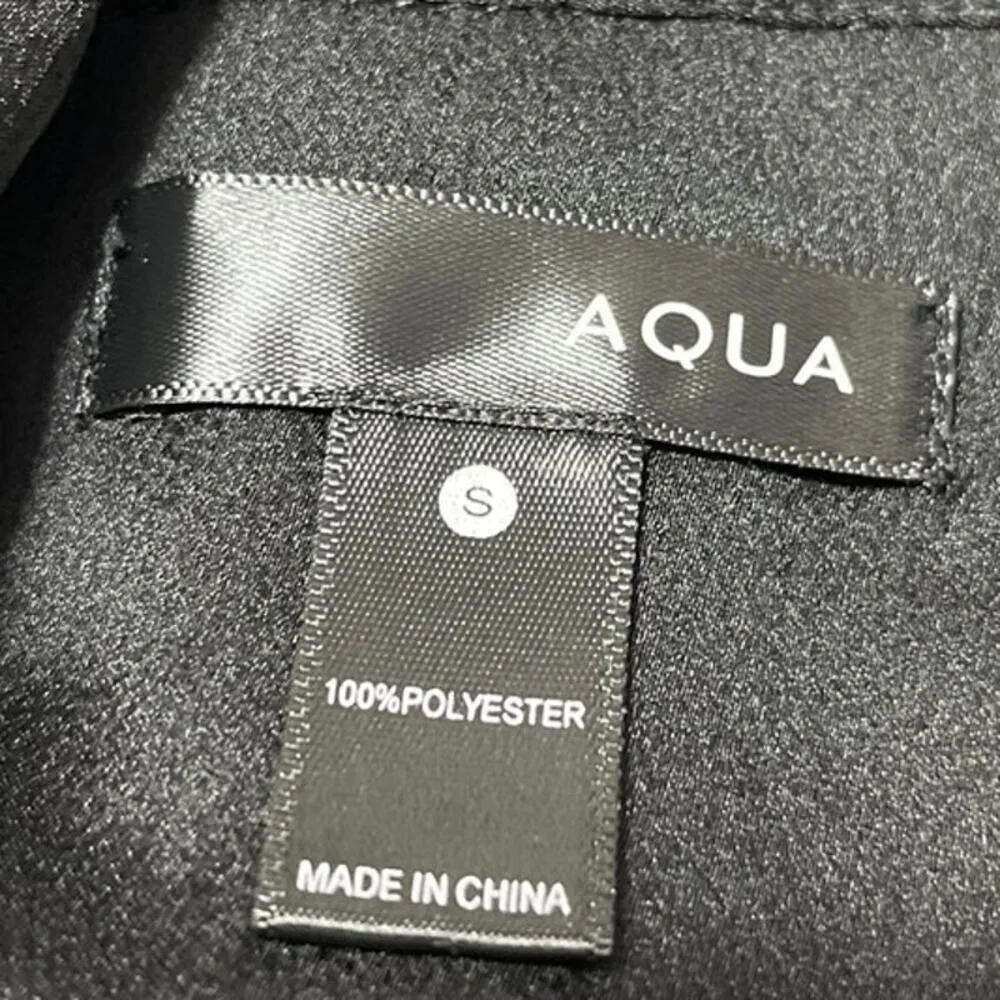 AQUA Black Silk Satin Long Sleeve Smocked Cuffed Deep V Neck Blouse Top Size S - Image 3