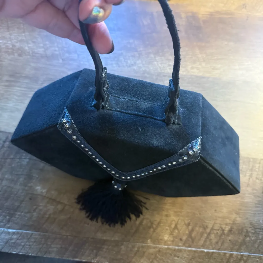 Vintage BJ Imports Black Velvet Evening Box Handbag Purse Formal Tassel - Image 7