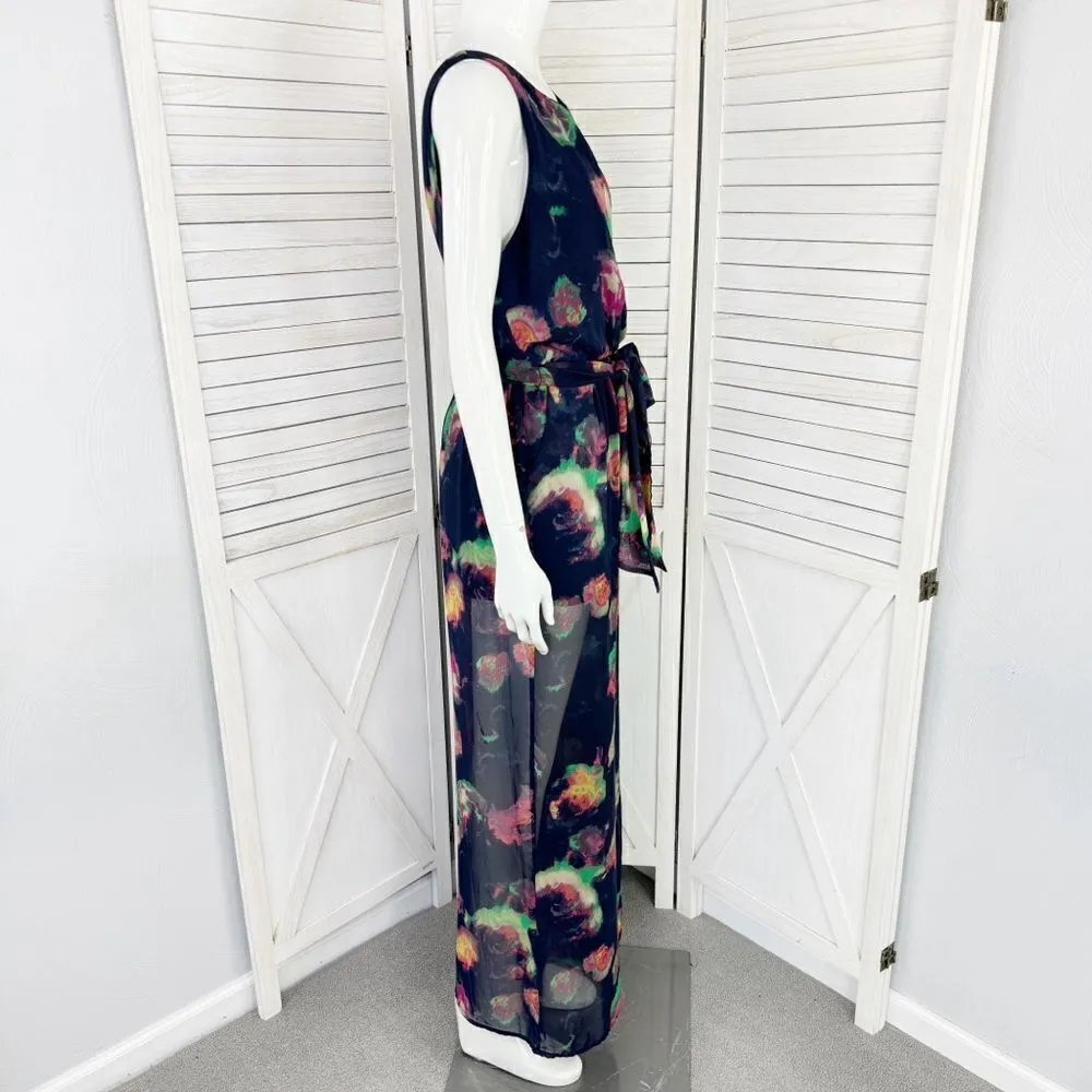 Astr the Label Abstract Print Sheer Wide Leg Jumpsuit Navy Blue Medium - Image 4