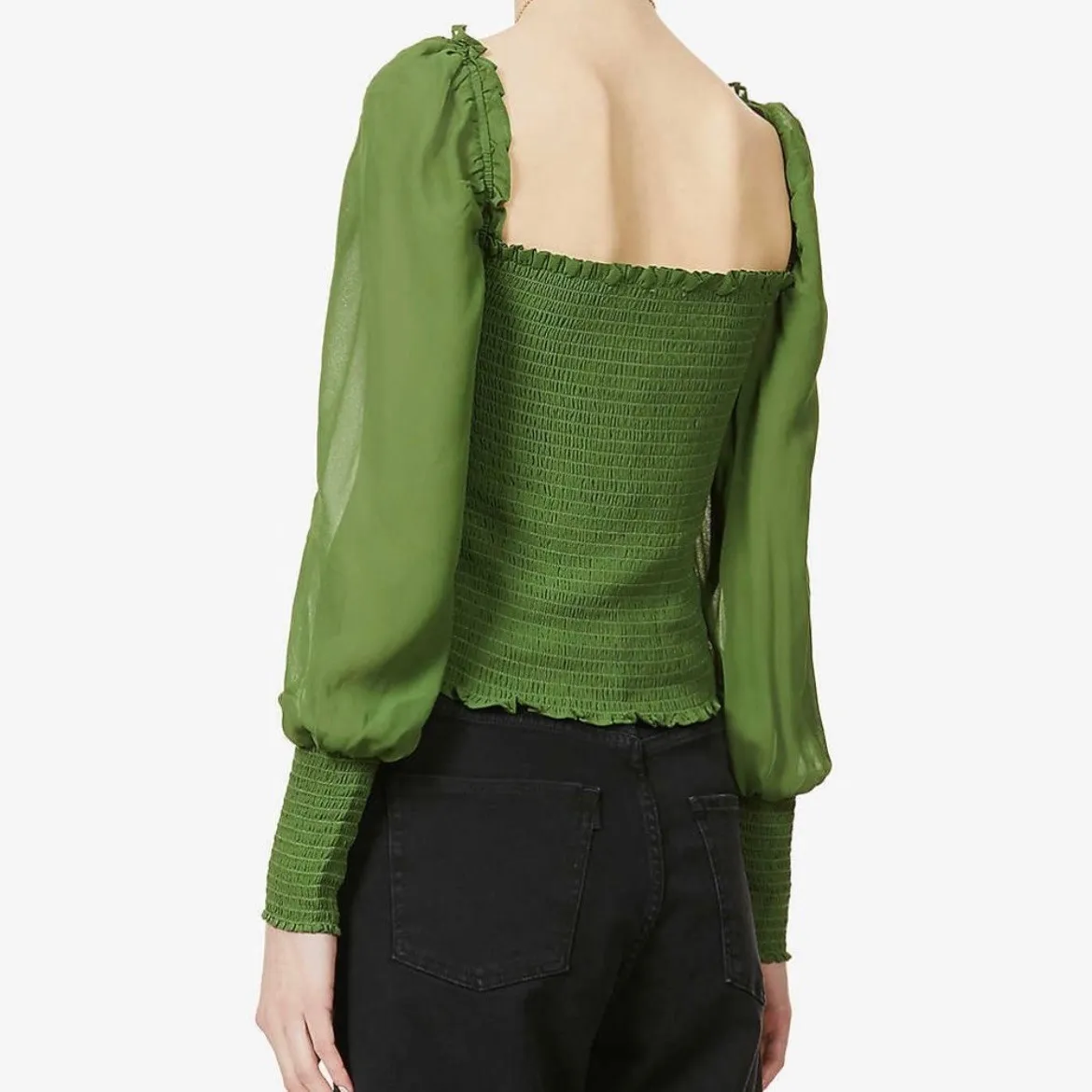Reformation Pinto Smocked Square Neck Top Green Long Puff Sleeve XL - Image 2
