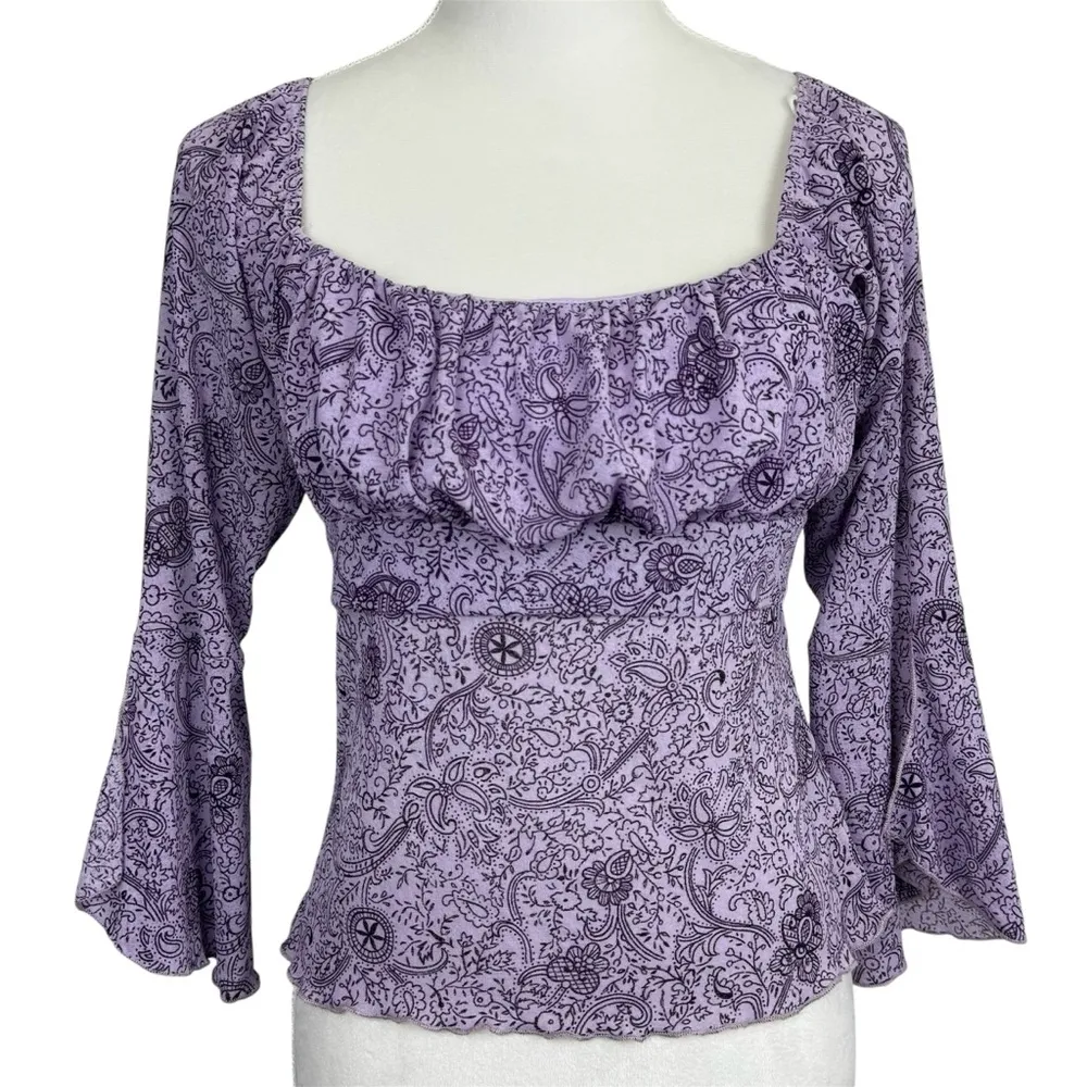 Trixxi Y2K  Mesh Flare Sleeve Top Large Paisley Tie-Back Fairy Grunge Purple - Image 4