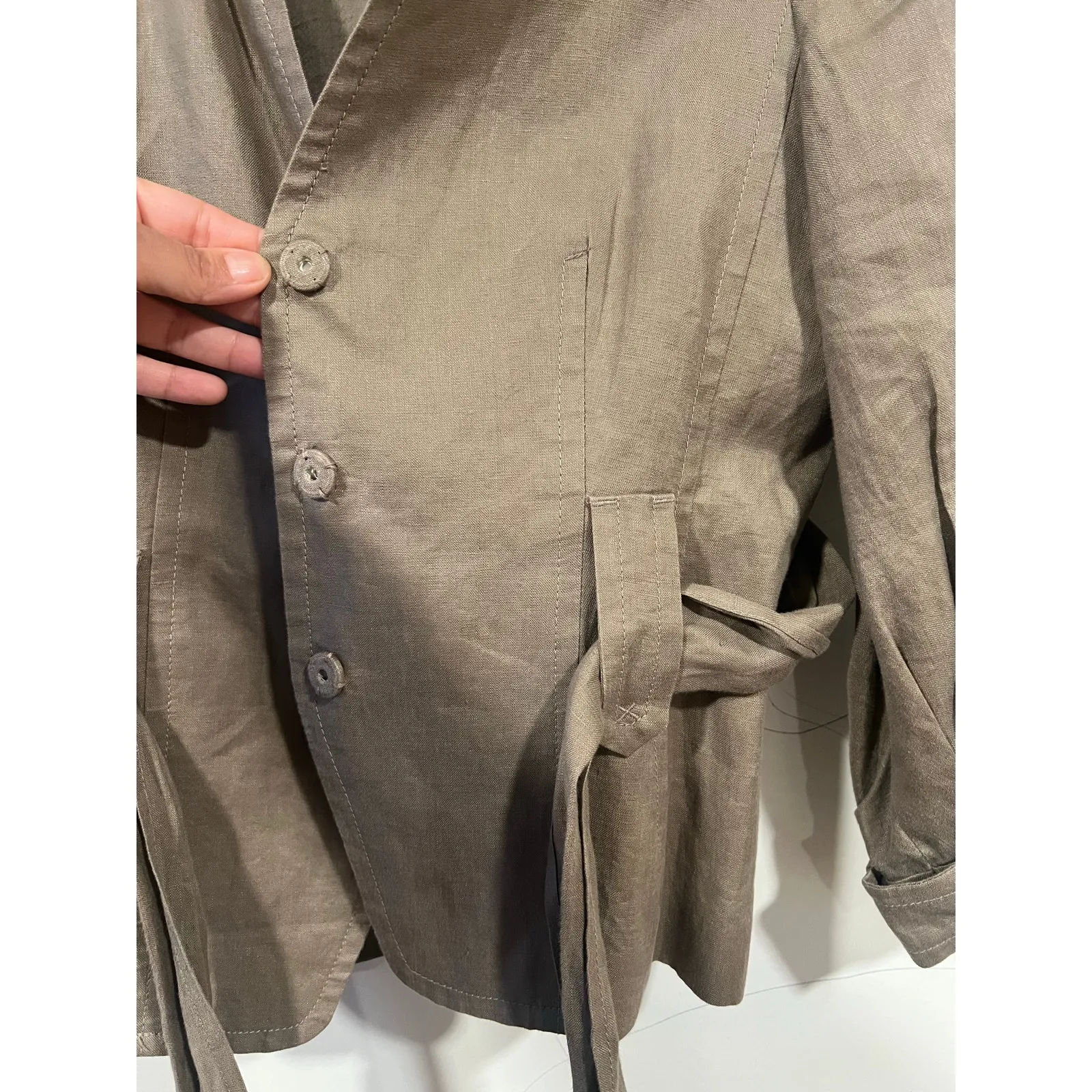 Women’s Korean Fashion Minimalist Linen Front Tie Blouse Khaki Small - Image 6