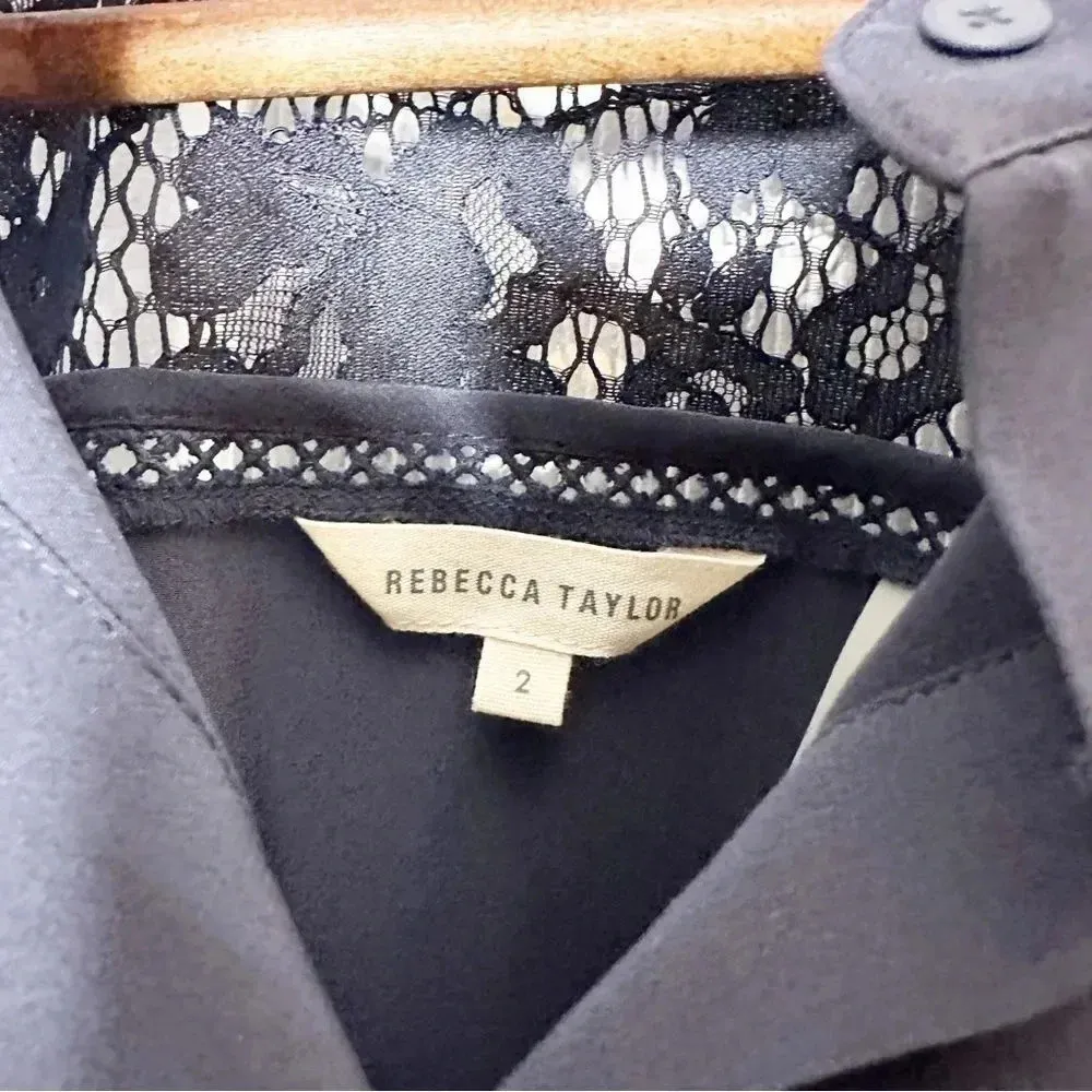 REBECCA TAYLOR 100% Silk Dark Blue Navy Crop Top Lace‎ Short Sleeve Size 2 - Image 4