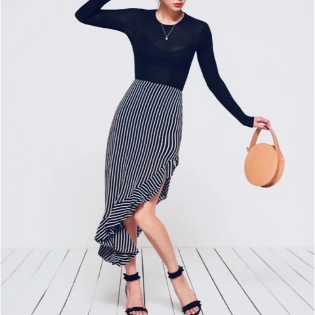 Reformation Adorn Striped Asymmetrical Ruffle Skirt Black White Size 4 - Image 2