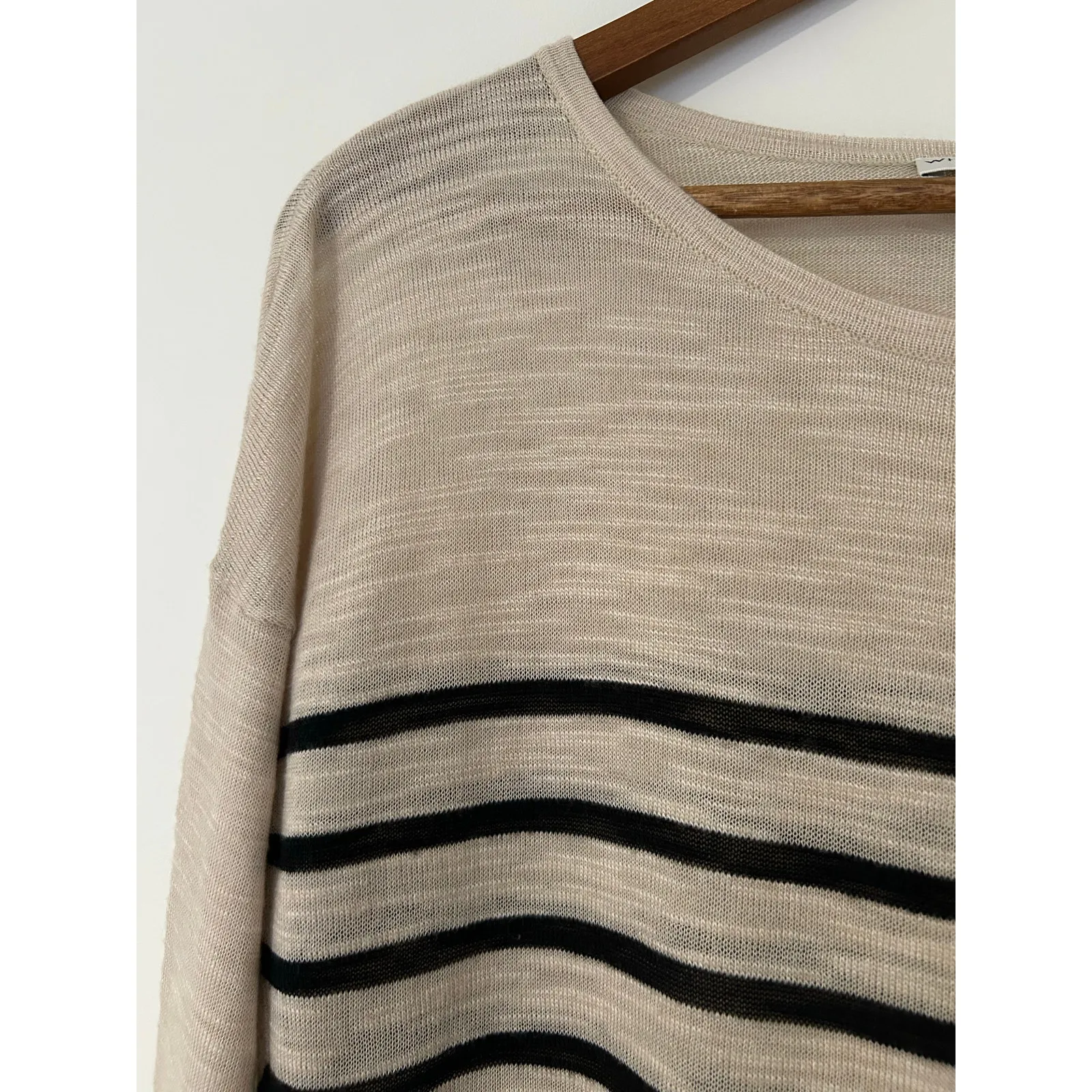 White + Warren L Striped Wool Blend Lightweight Sweater Top Tan Black Burnout Size L - Image 6