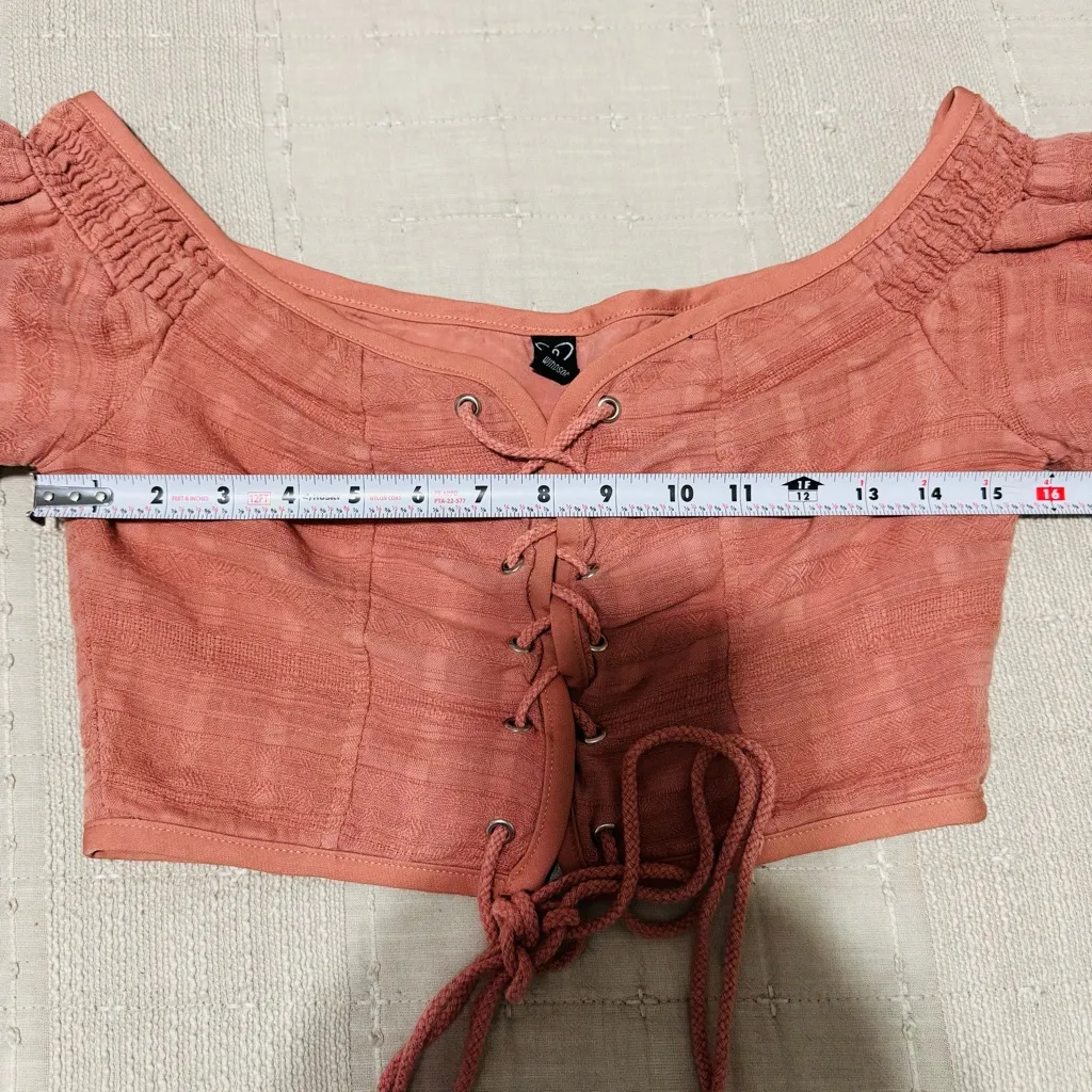 Windsor Women Coral Peasant Lace-Up Off the Shoulder Cottagecore Cropped Top L - Image 11
