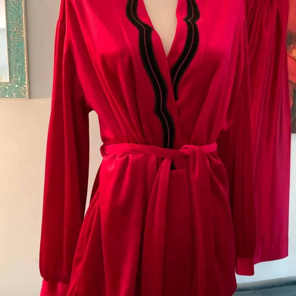 Vintage Womens Robe And Pants Size M Medium Pink Silky Satin Velour Romantic Black - Image 2