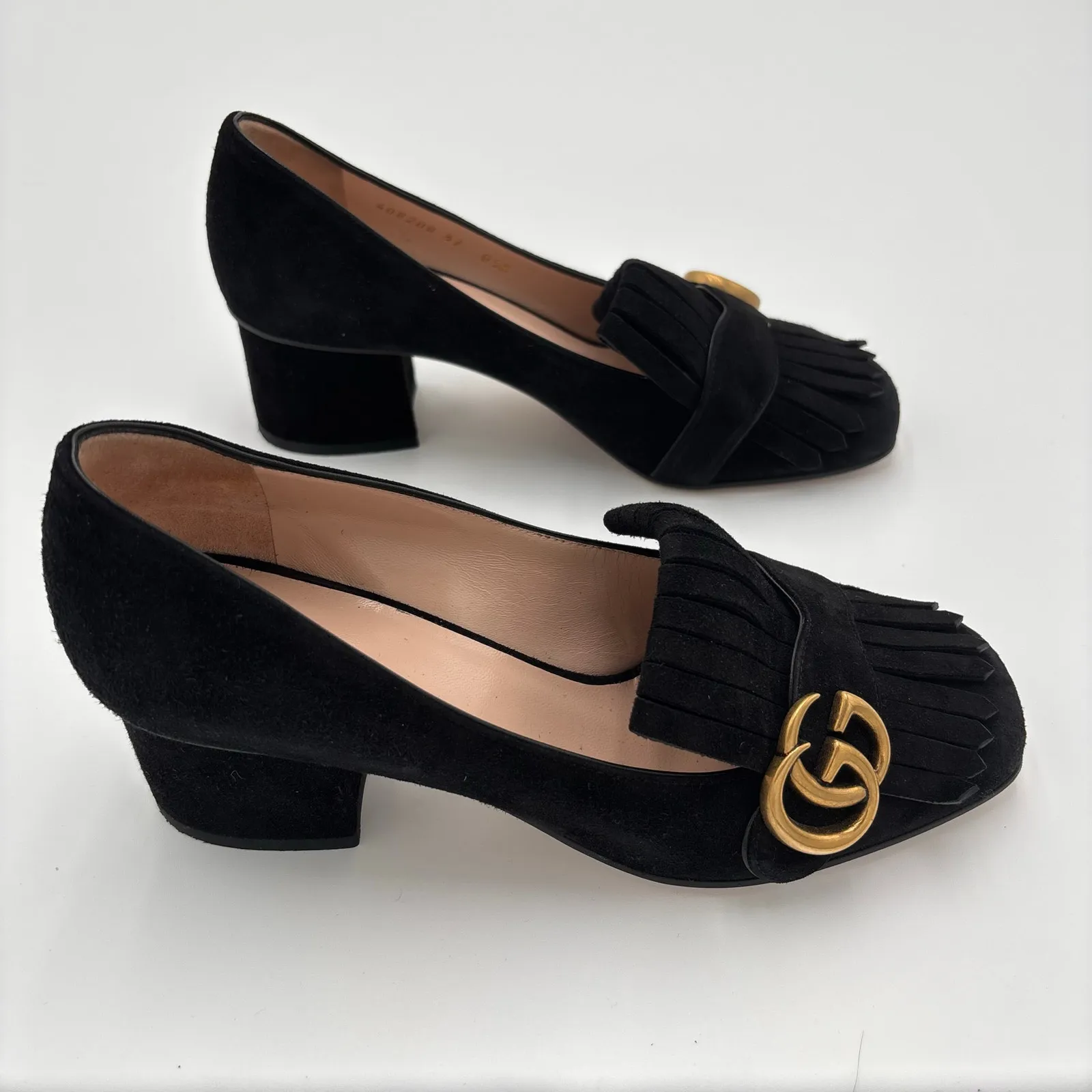 Gucci Marmont GG Fringe Kiltie Block Mid Heel Loafer Pumps Black Suede Size 37 - Image 9