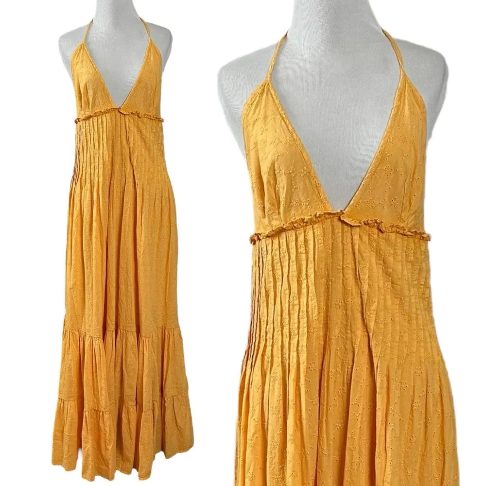 Free People Ethereal Bohemian Eyelet Lace Ruffle Halter Maxi Dress Large NEW - Image 2