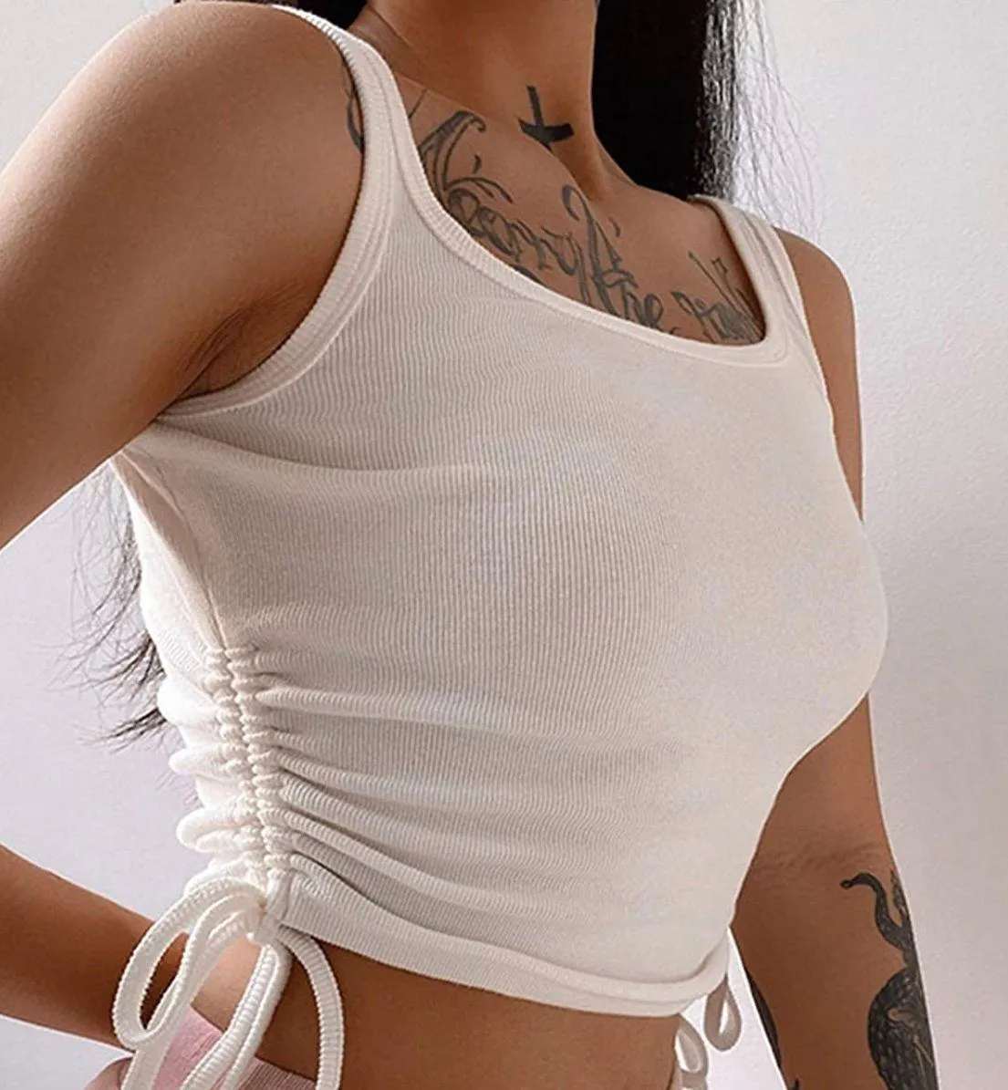 White Ruched Drawstring Knit Tank Top - Image 2