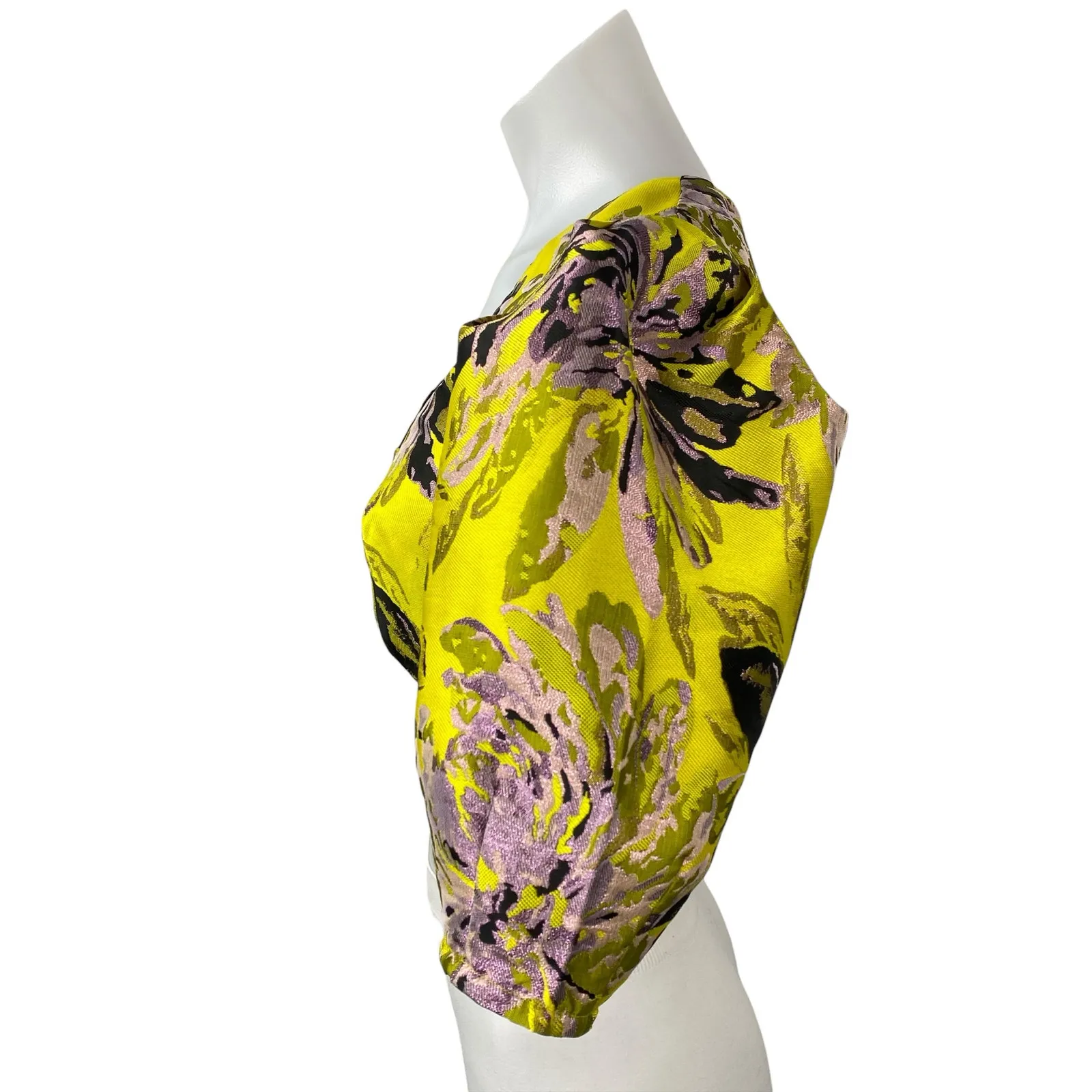 Camila Coelho Women's Yellow Jacquard Short Puff Sleeve Scoop Neck Crop Top S - Image 3