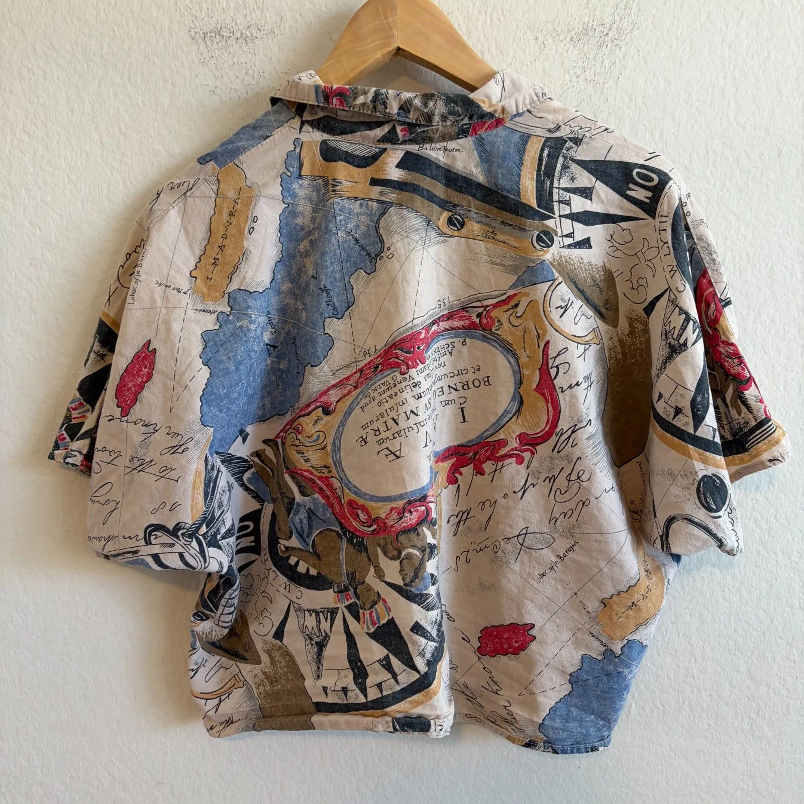 TRAMARE Vintage 90s Map Crop Top Beige Button Down Short Sleeve Shirt Womens S-M - Image 2
