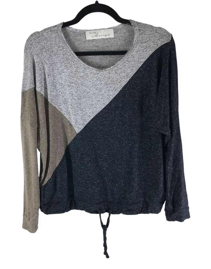 Vintage Havana Colorblock Long Sleeve Drawstring Hem Knit Top Gray Black S - Image 1
