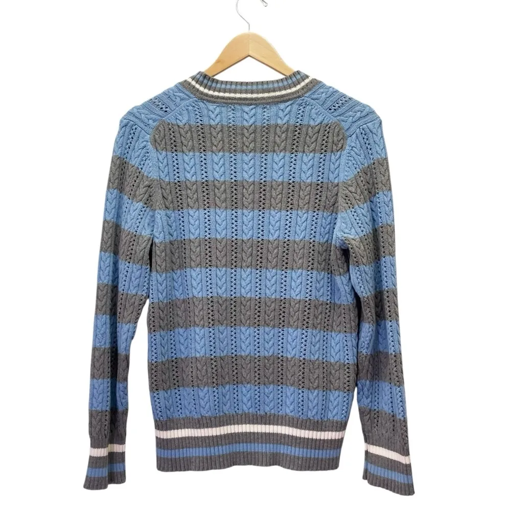 Liz Claiborne Cotton Cable Knit Sweater Size XL Blue Gray Stripe V-Neck VTG - Image 7