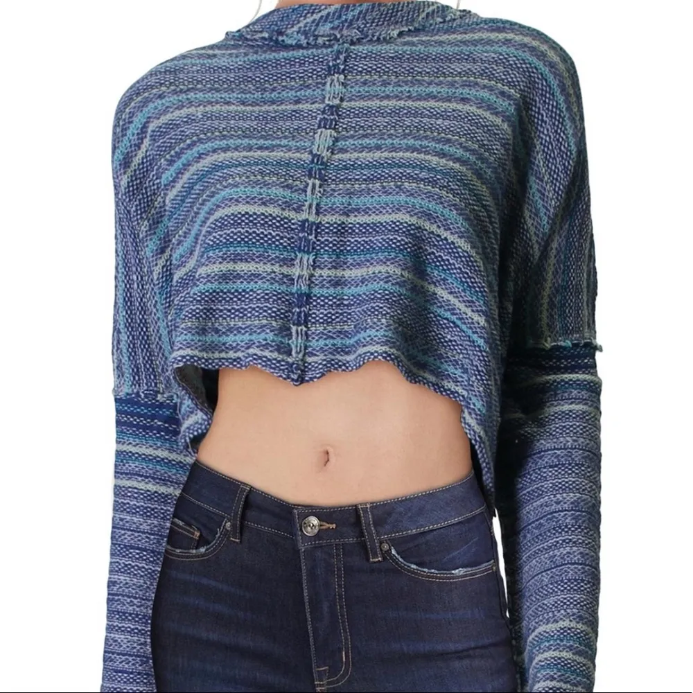 Free People Catalina Mixed Media Pullover Top Blue Sz Large - Image 2