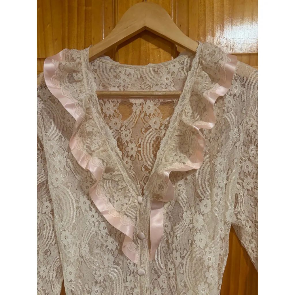 Vintage Feminine Gilead Lace Robe & Slip Set Pink Satin Trim Size Large NWOT - Image 5