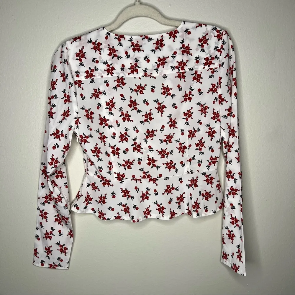 Intermix Silk Romantic Floral Ruffle V-Neck Crop Sheer Chiffon Faux Wrap‎ Top - Image 2