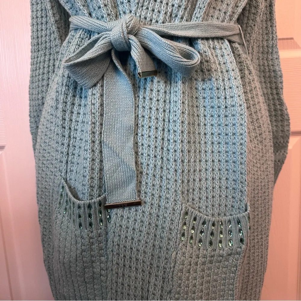 Cozy Blue Knit Cardigan with Belt Italian Made Maria Grazia Severi Size 42 - Image 4