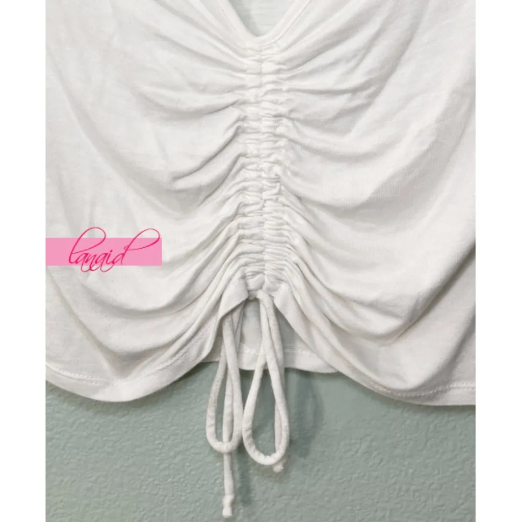 Ruched Scrunched V-Neck Short Sleeve Drawstring Gathered Cropped Tee Crop Top S - Image 4