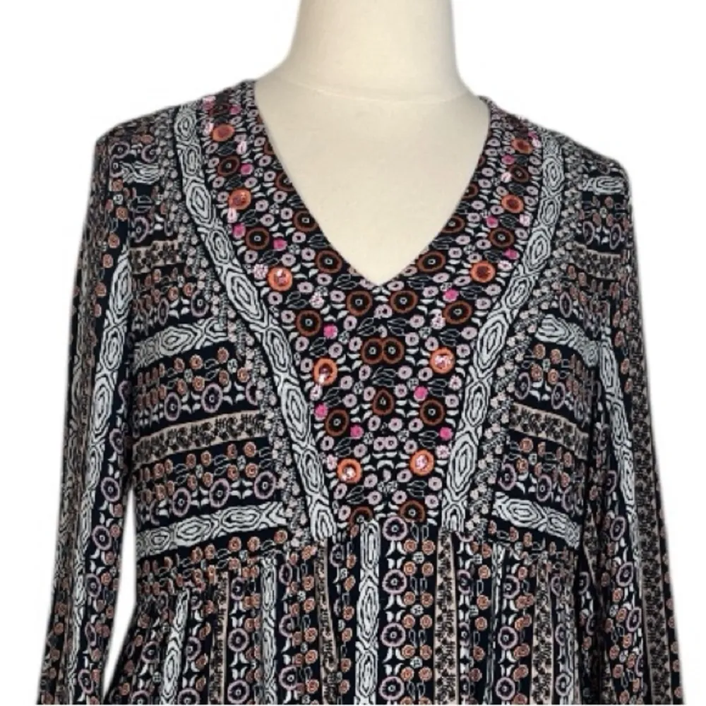 Maeve Anthropologie Babydoll Dress V-neck Bell Sleeve Black Multi Women Size XL - Image 7