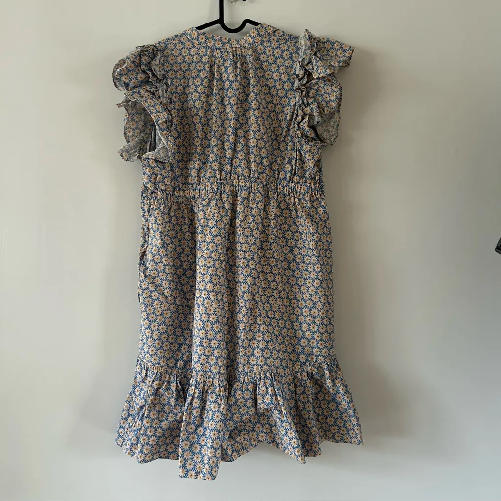 Anthropologie Floral Daisy Ruffle Sleeve Mini Dress Size L Blue Size L - Image 4