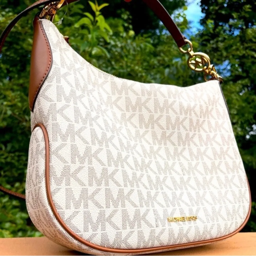 Michael Kors White & Brown Signature MK Logo Hobo Bag Shoulder & Crossbody NWT - Image 2