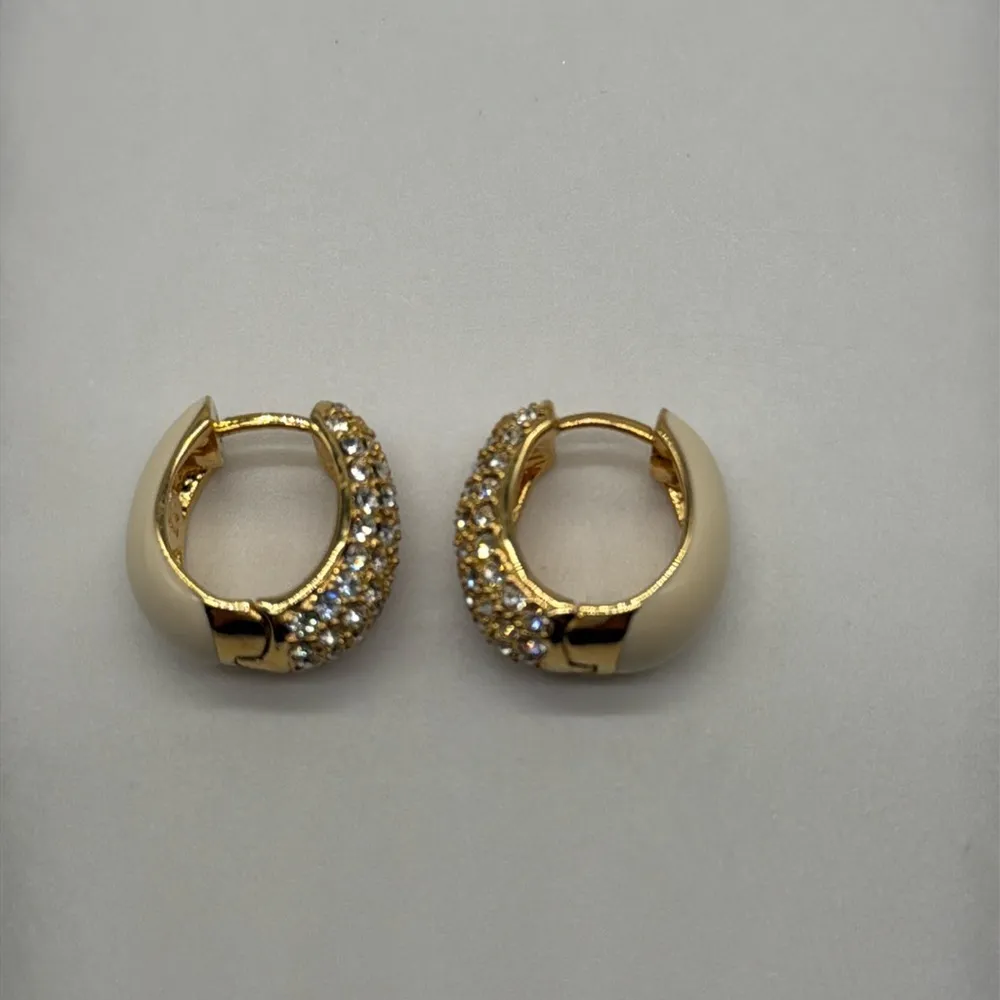 Joan Rivers Gold Plated Crystal Hoop Pierced Earrings Ivory Enamel - Image 3
