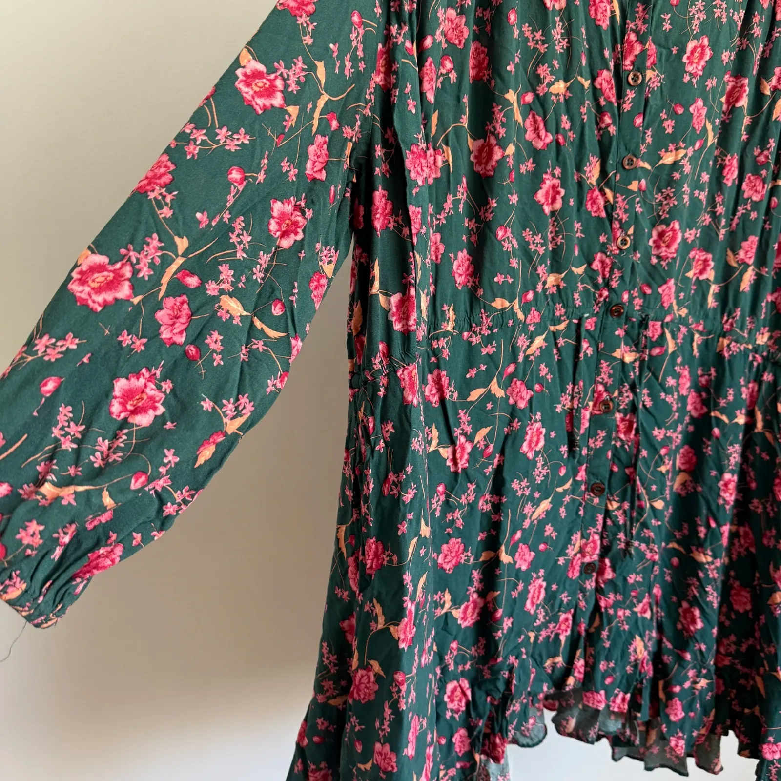 Free People Floral Mini Babydoll Dress Button Front‎ Long Sleeve Green Pink M - Image 6