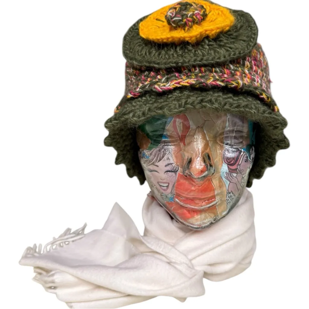 Madison 88 Crochet Flower Hat Multicolor Knit Hat with Vintage Scarf Set Green - Image 8