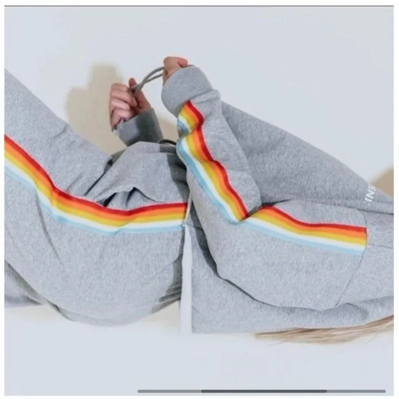 Kittenish Grey Cropped Sweatshirt Rainbow Stripe Sleeve Lounge Athleisure M - Image 2