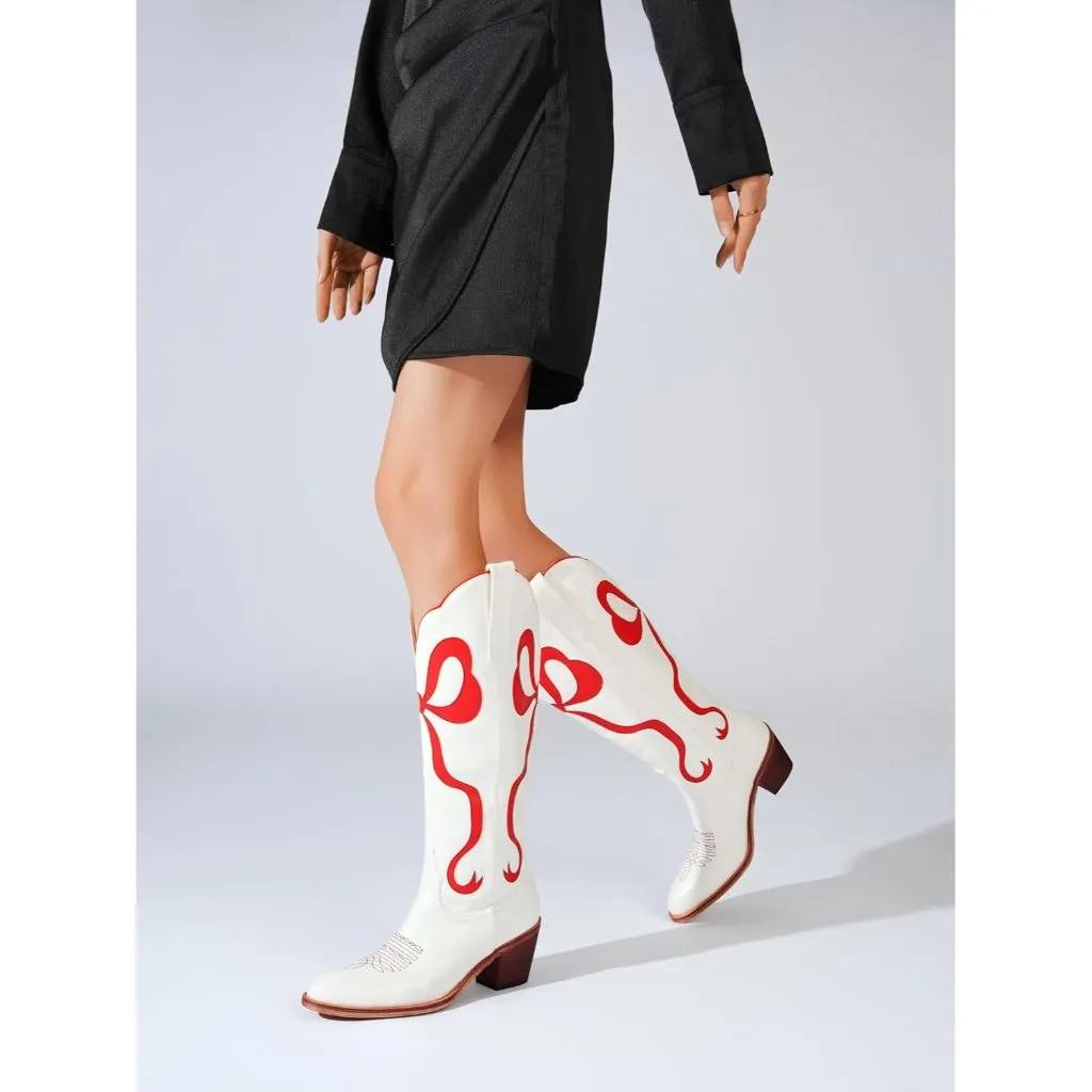 ⚡Women's Red Cowgirl Boots Bow Knee High Almond Toe Chunky Heel Embroidered Size 12 - Image 4