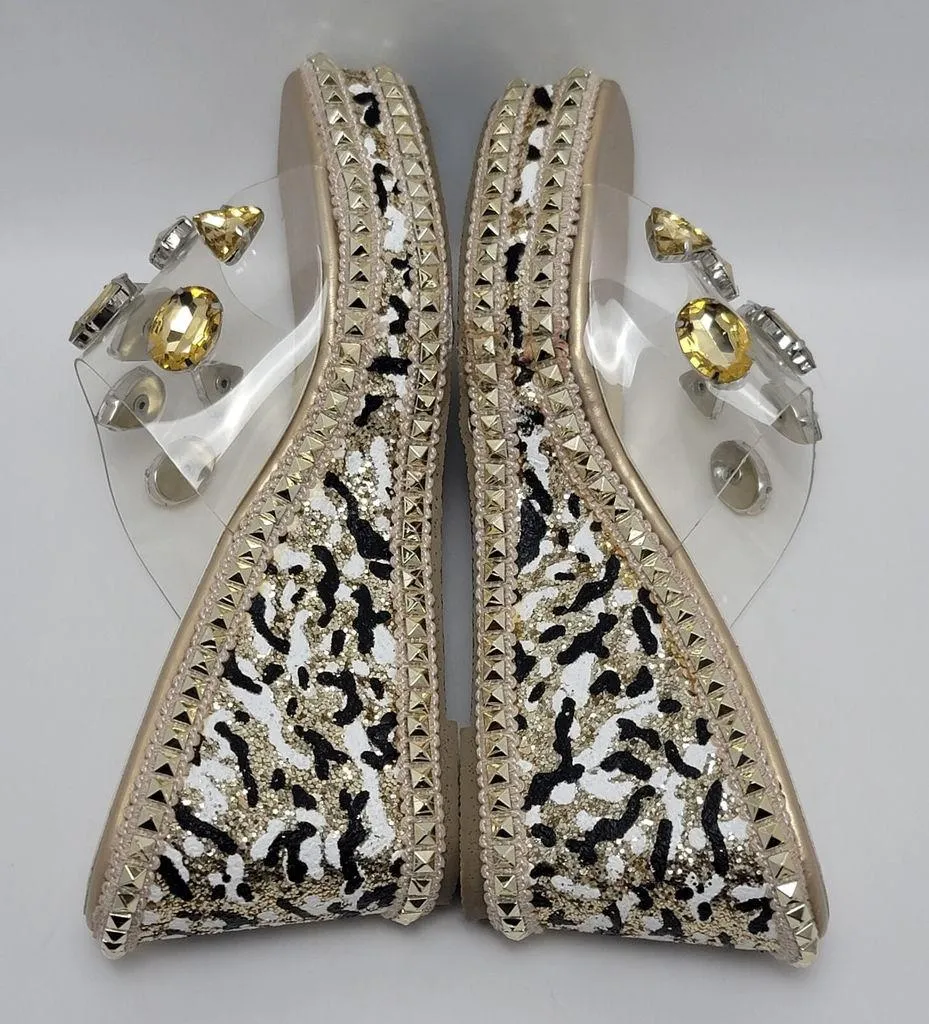 Tinstree Clear PVC Studded Gemstone Gold Wedge Platform Slide Sandal Size 9 - Image 9