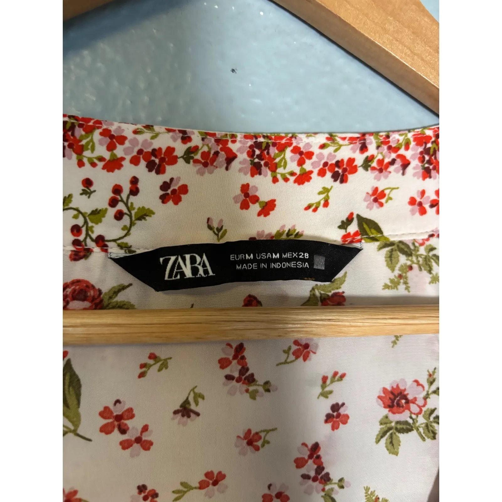 Zara Women's Patchwork Print Ruffle Shirt White Red Rose & Cherry Print Coquette - Image 4