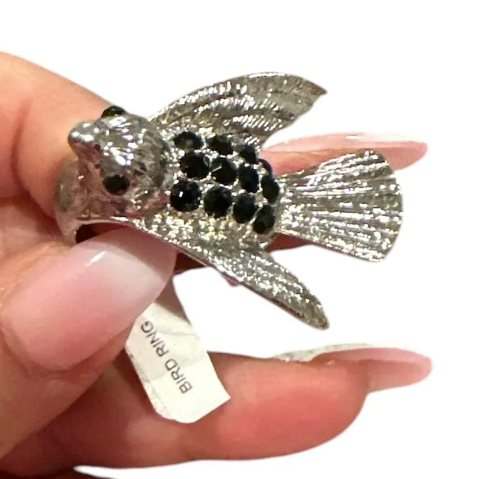 BIRD RING SILVERTONE BLACK BLING - Image 2