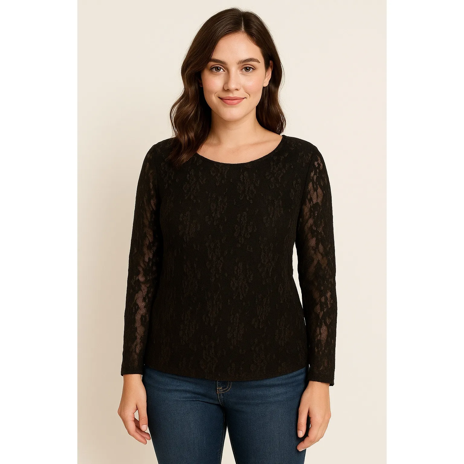Notations Women's L Black Lace Long Sleeve Top Sheer Polyester Chiccore - Image 4