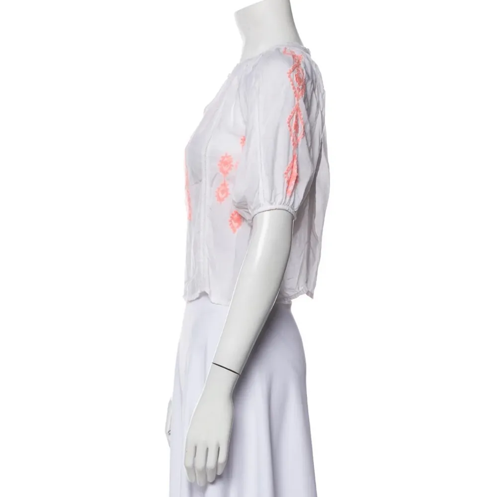 Melissa Odabash Embroidered Peasant Blouse Crop Top White Neon Coral Summery sz8 - Image 4
