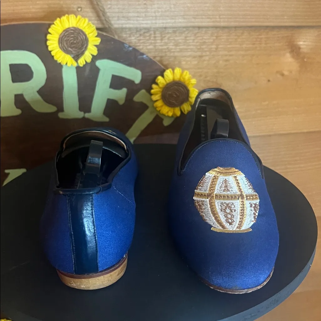 Zalo Spain Leather Linen Crest Embroidered Slipper Flat Loafer Shoe 9 Blue Brown - Image 3