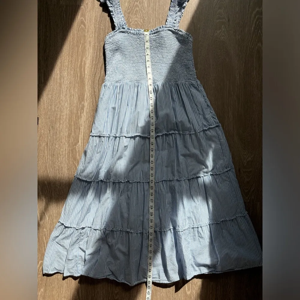 J.Crew  Smocked Tiered Navy White Striped Midi Dress Pockets Size Large - Image 9