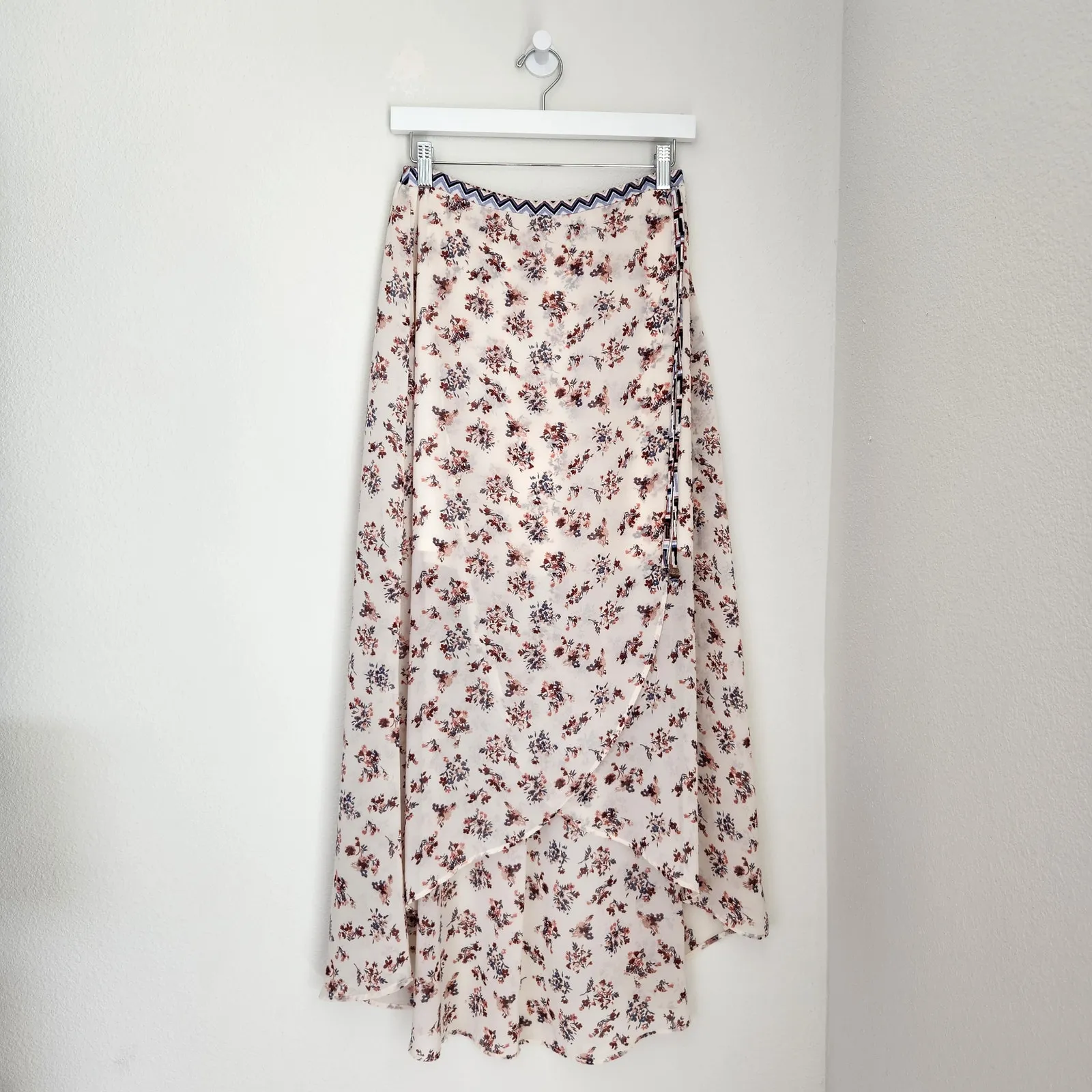 My Michelle White Pink Floral Faux Wrap High Low Sheer Midi Skirt Boho S M - Image 9