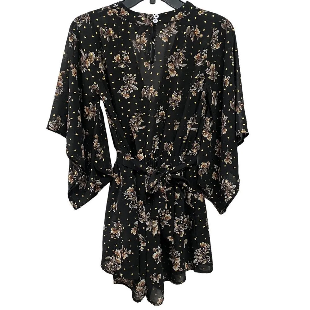 Lulus XS Midnight Voyage Golden Dot Floral Black Print Romper Belt - Image 7