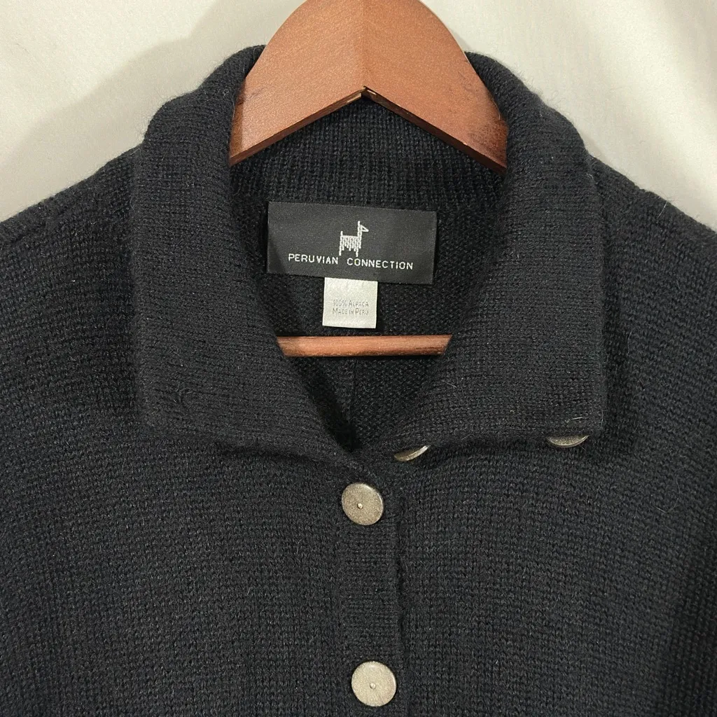 Peruvian Connection 100% Alpaca Long Black Cardigan Coat – Button Front – Peru Size L - Image 4