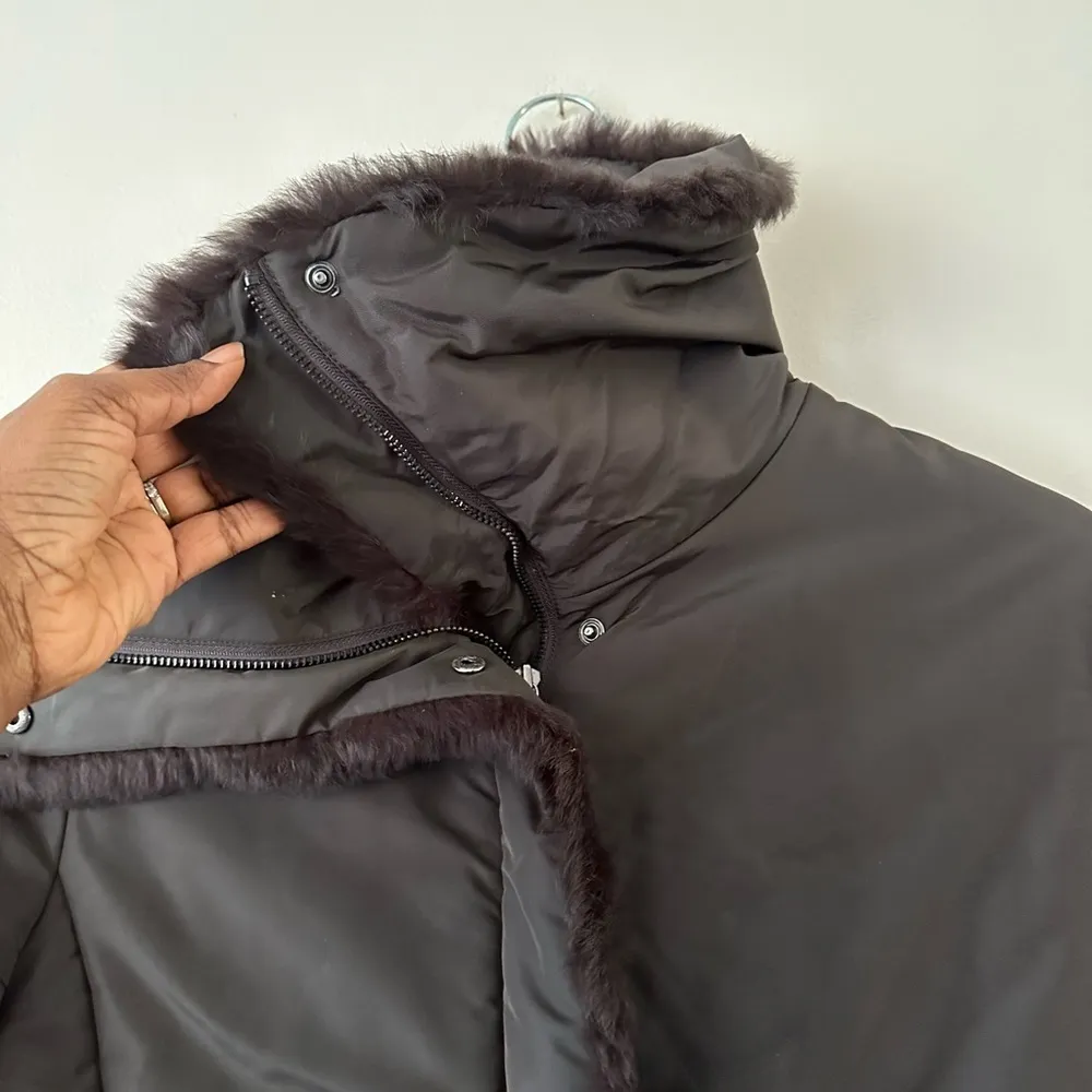 Andrew Marc Chocolate Brown Winter Jacket Oversized Collar Full Zip Faux Fur SzM - Image 3