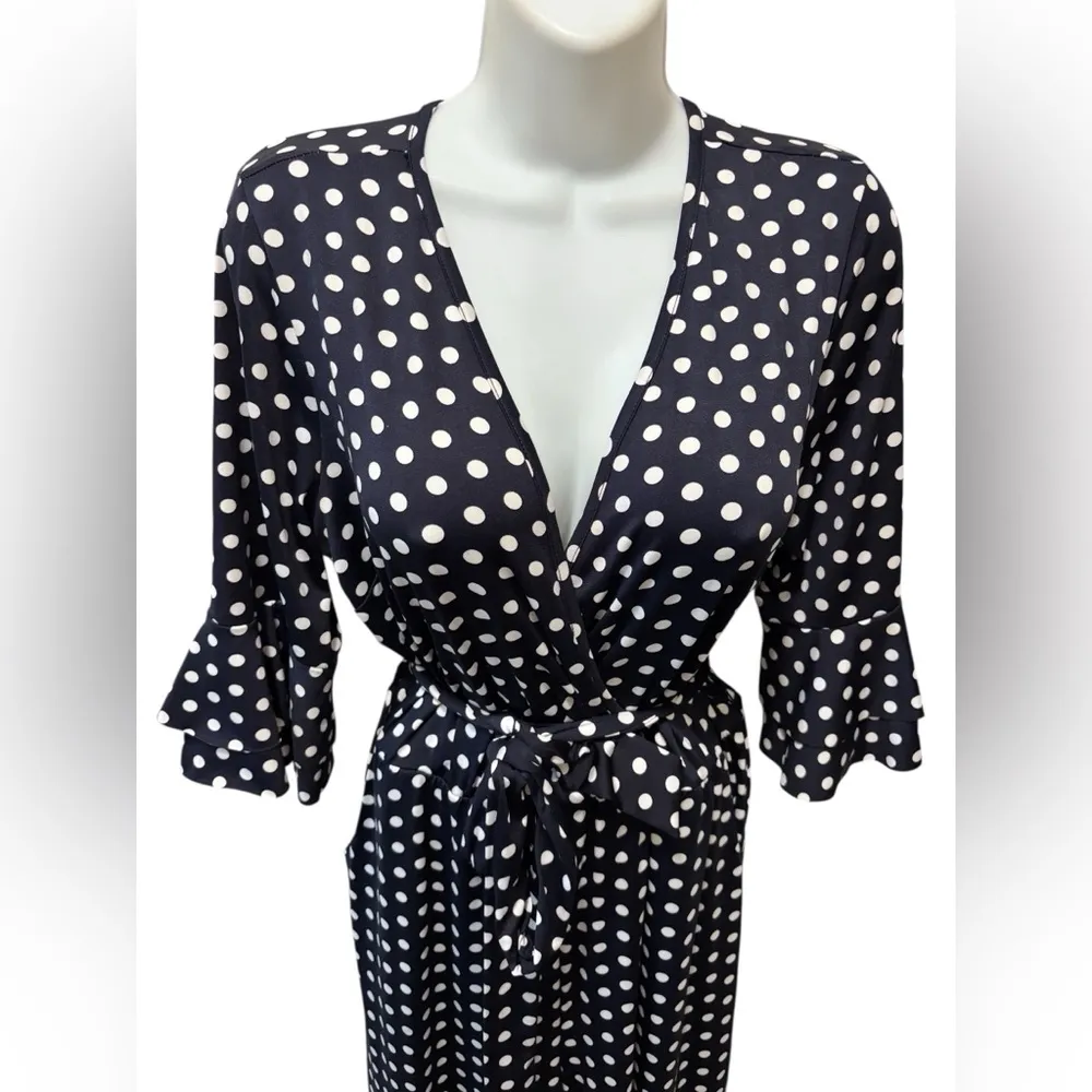 Venus Wide Leg Belted Jumpsuit Sz L Navy White Polka Dot Wrap Bust SS Cropped - Image 3
