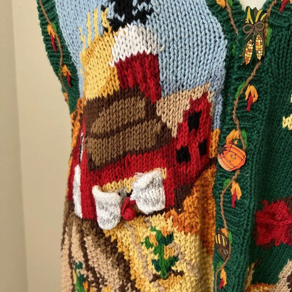 EAGLE'S EYE Vintage Hand Knit Sweater Harvest Pumpkins Fall RARE 1994 Size Med‎ Green - Image 6