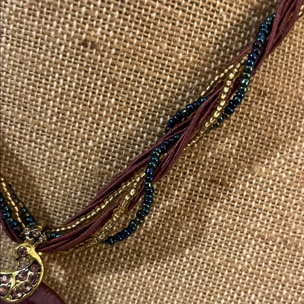 Bohemian Braided Cord Purple Stone Peacock Pendant Necklace Red - Image 3