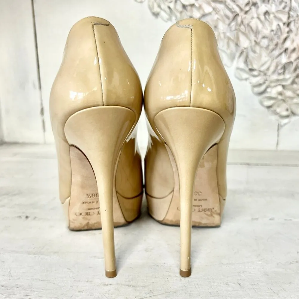 Jimmy Choo Crown Patent Leather Peep Toe Platform Pump Nude Womens Size 38.5 / 8 - Image 8