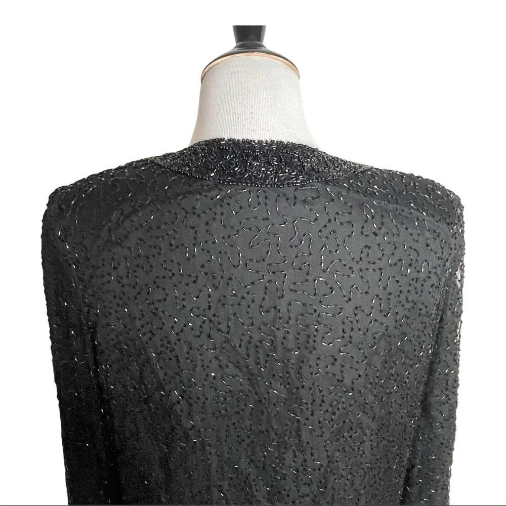 Laurence‎ Kazer All Over Beaded Open Jacket Women Size M Black Silk Formal Party - Image 12
